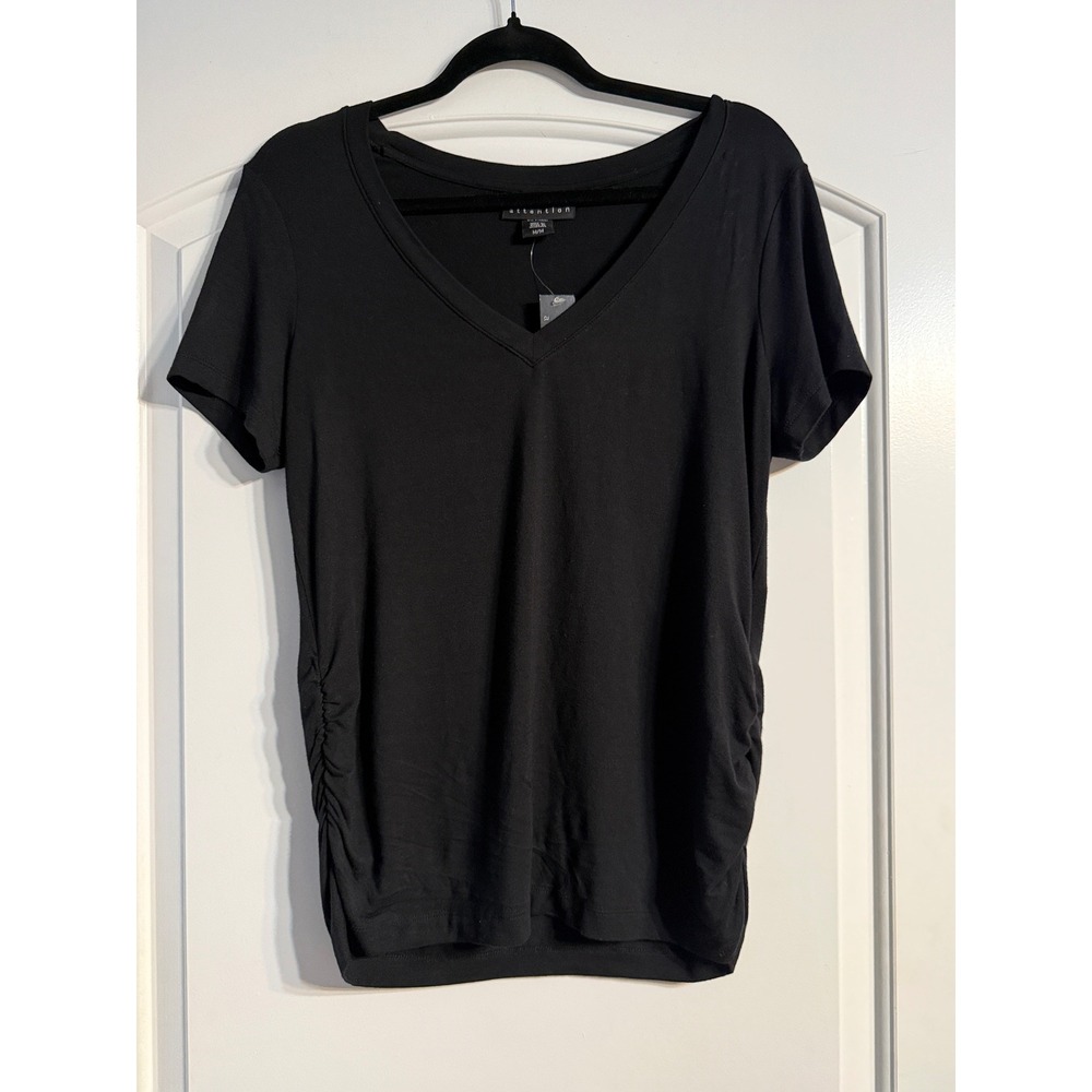Attention Top Medium Black New Ruched V-Neck Short Sleeve Tee